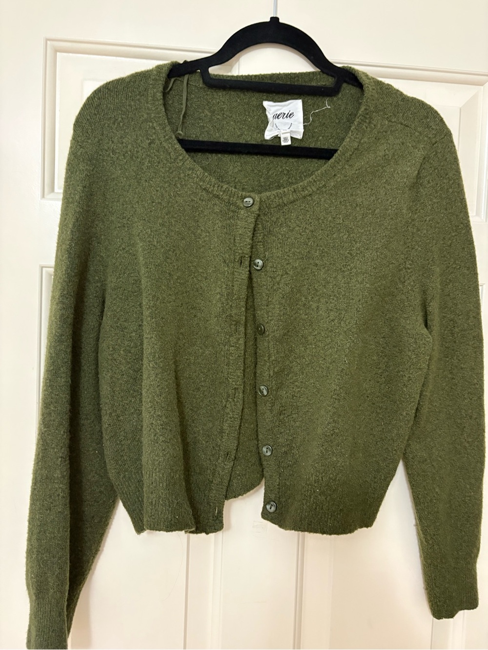 aerie Olive Green Crewneck Button-Front Cardigan